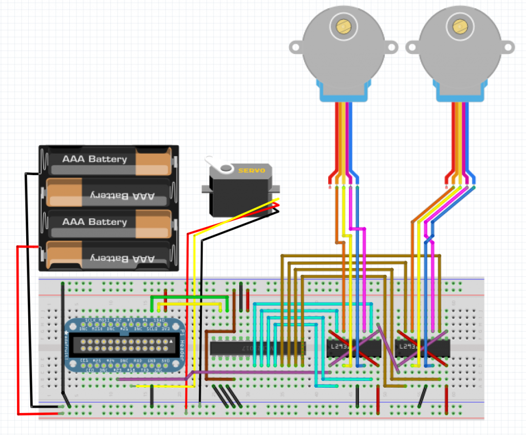 The breadboard design, made with Fritzing.
